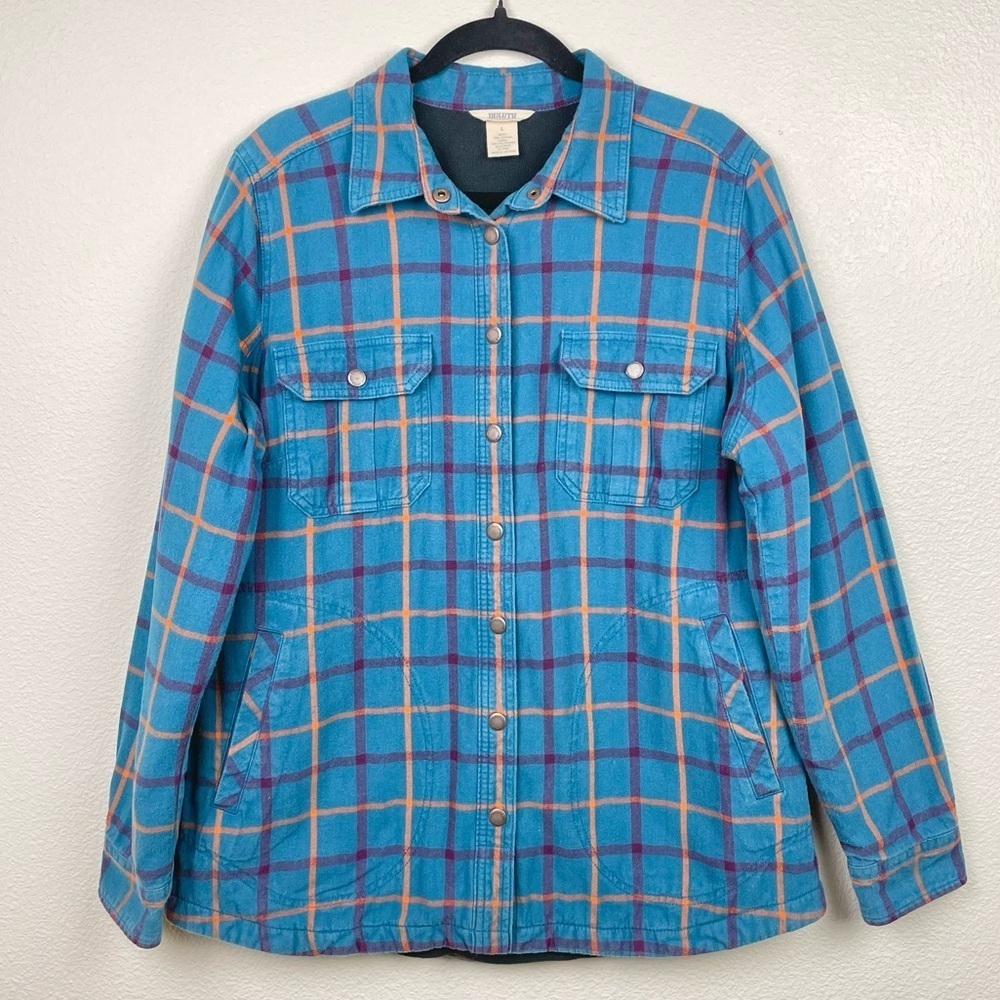 Duluth Women's Large Free Swingin' Lined Flannel Shirt Jacket Shacket Plaid Blue